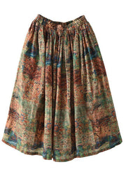 Women Green Print Ramie Elastic Waist Skirt - SooLinen