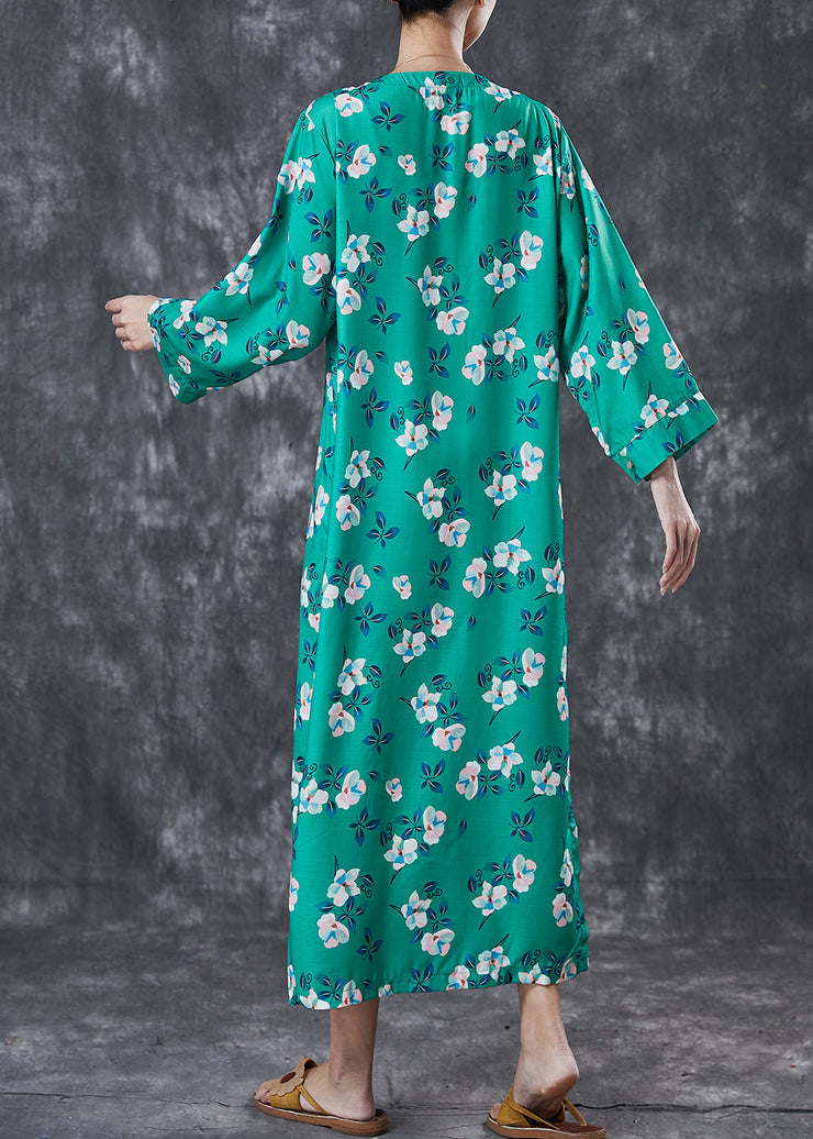 Women Green Print Side Open Cotton Long Dresses Spring