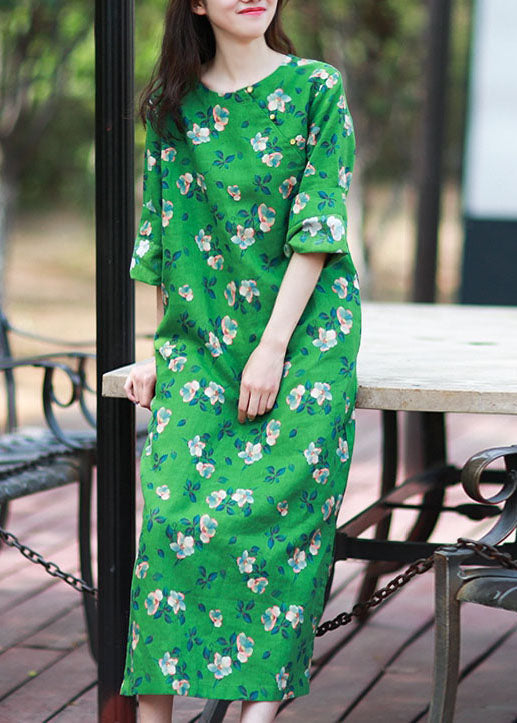 Women Green Print Side Open Linen Long Dress Spring