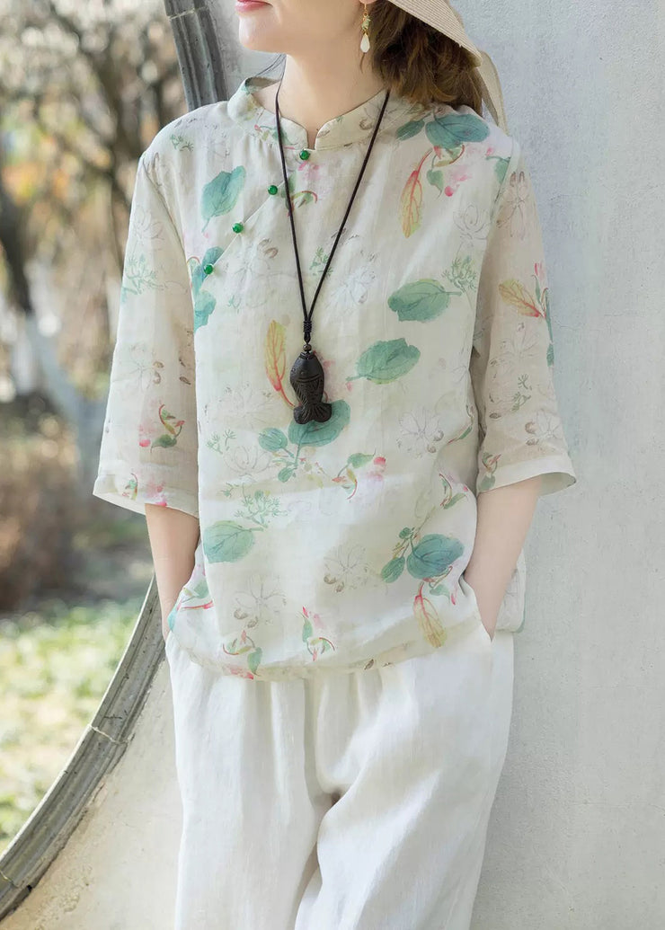 Women Green Print Stand Collar Button Linen Shirt Half Sleeve