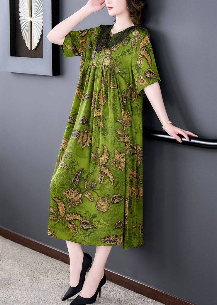 Women Green Print Wrinkled Patchwork Silk Long Dress Summer