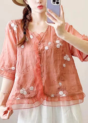 Women Green Ruffled Embroideried Patchwork Linen Blouse Top Summer