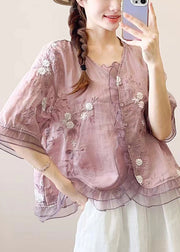 Women Green Ruffled Embroideried Patchwork Linen Blouse Top Summer