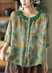 Women Green Ruffled Print Ramie Top Half Sleeve