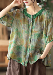 Women Green Ruffled Print Ramie Top Half Sleeve