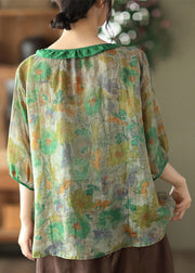 Women Green Ruffled Print Ramie Top Half Sleeve