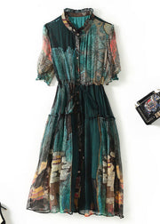 Women Green Ruffled Print Silk Cinched Dresses Summer