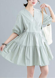 Women Green Short Sleeve A Line Dress Cotton