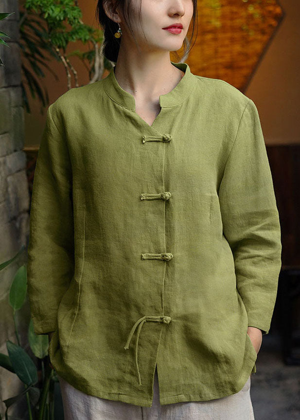 Women Green Stand Collar Button Linen Coats Long Sleeve
