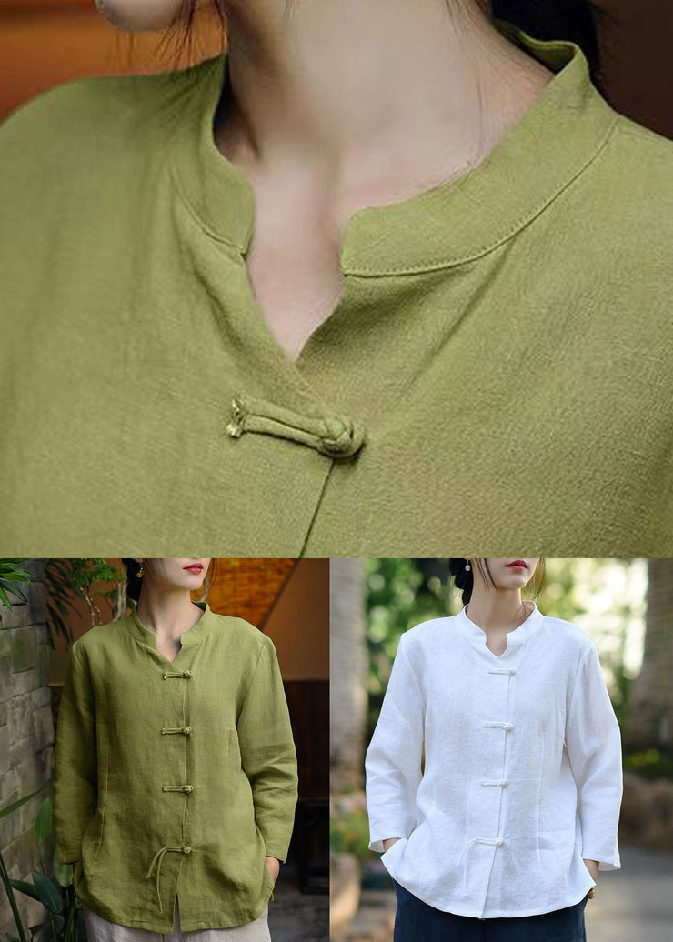 Women Green Stand Collar Button Linen Coats Long Sleeve