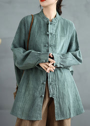 Women Green Stand Collar Chinese Button Cotton Shirt Top Spring