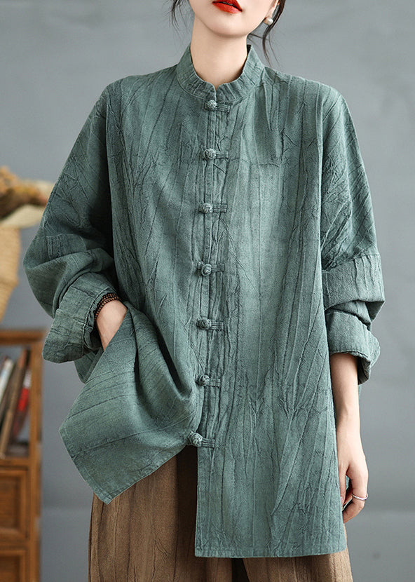 Women Green Stand Collar Chinese Button Cotton Shirt Top Spring