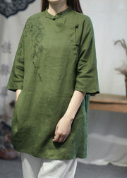 Women Green Stand Collar Embroideried Linen Tops Half Sleeve