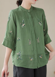 Women Green Stand Collar Embroideried Patchwork Linen Tops Summer