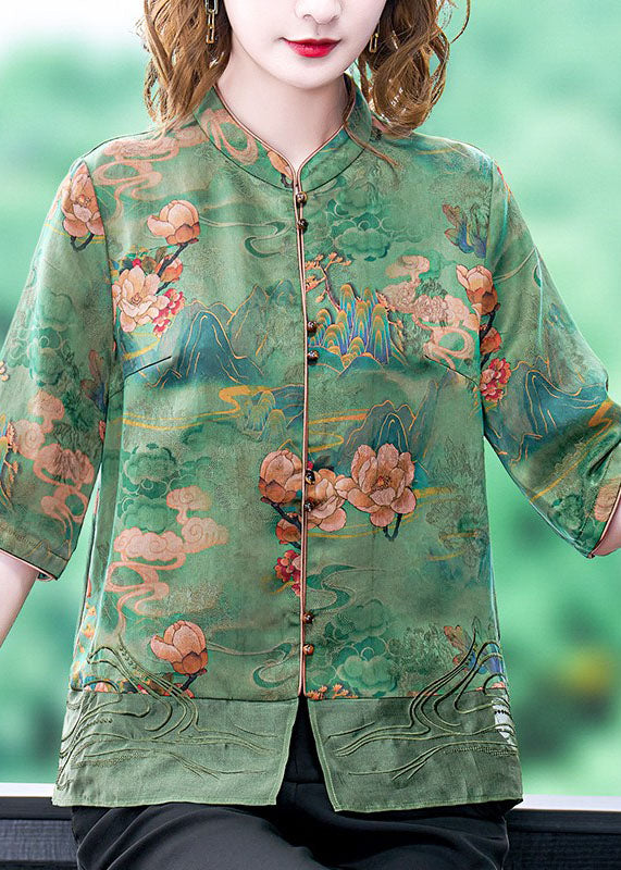 Women Green Stand Collar Embroideried Print Button Silk Blouse Tops Half Sleeve