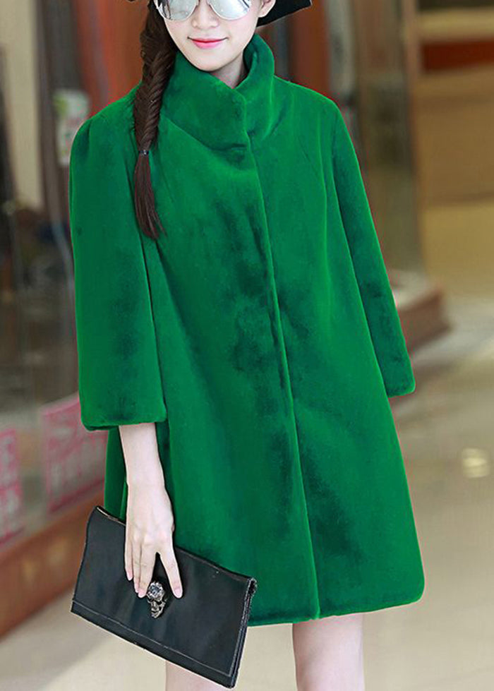 Women Green Stand Collar Oversized Fuzzy Fur Fluffy Coats Bracelet Sleeve