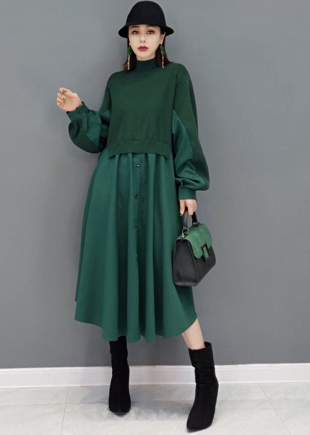 Women Green Stand Collar Patchwork Knit Cotton Shirt Dress Long Sleeve