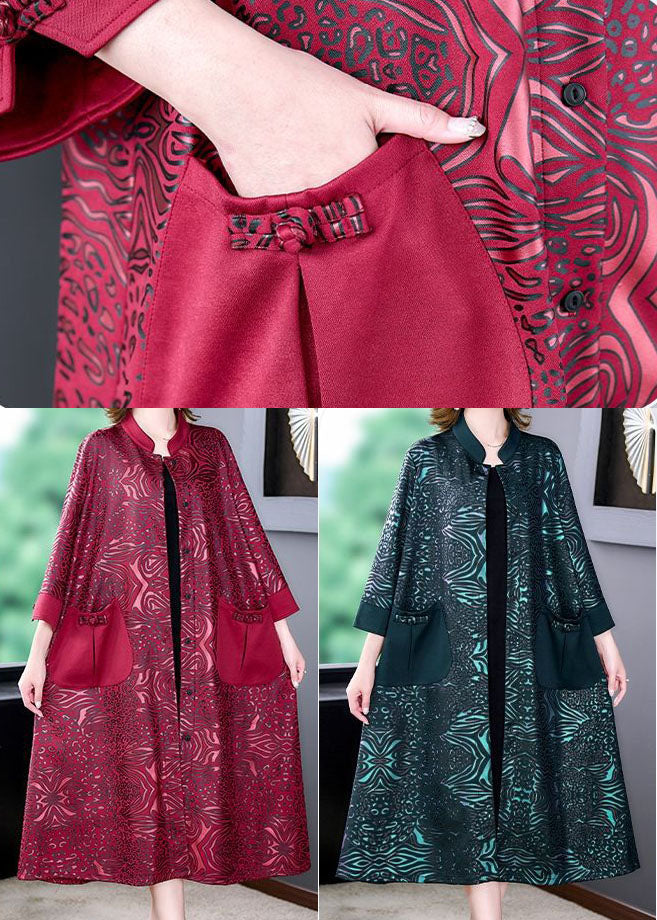 Women Green Stand Collar Pockets Print Silk Trench Spring