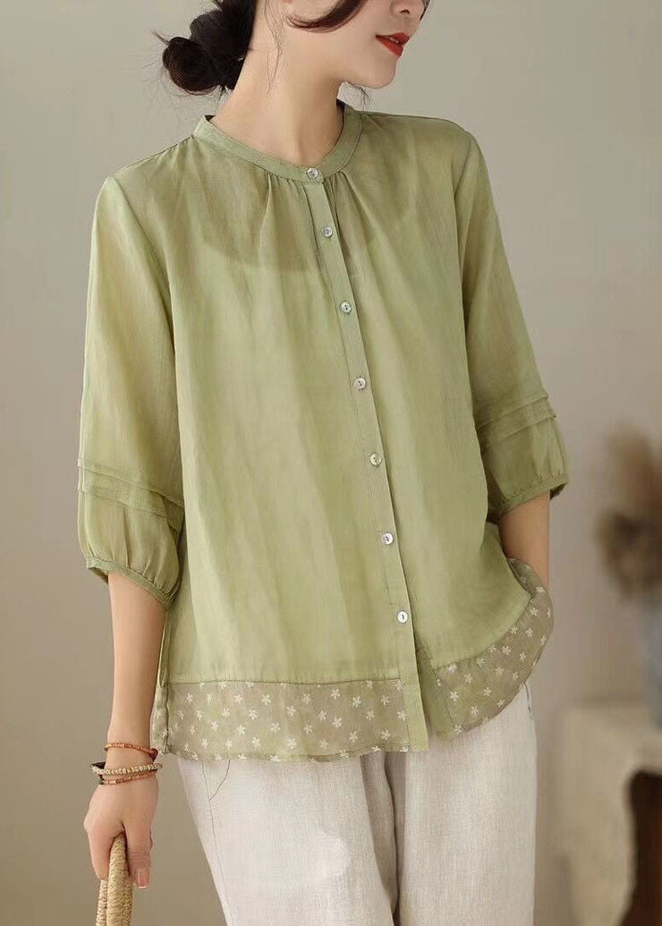 Women Green Stand Collar Print Patchwork Linen Shirt Tops Summer