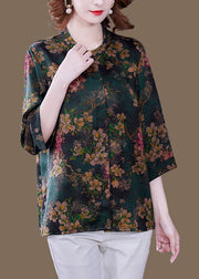 Women Green Stand Collar Print Silk Shirt Bracelet Sleeve