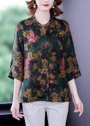 Women Green Stand Collar Print Silk Shirt Bracelet Sleeve