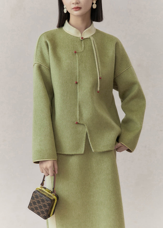 Women Green Stand Collar Tasseled Patchwork Woolen Two Pieces Set Fall