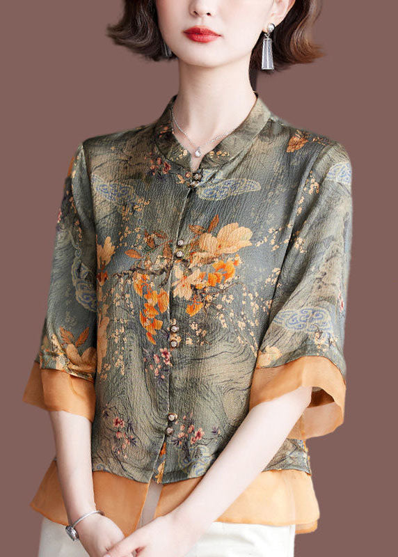 Women Green Stand Collar Tulle Patchwork Print Silk Shirt Tops Half Sleeve