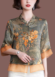 Women Green Stand Collar Tulle Patchwork Print Silk Shirt Tops Half Sleeve