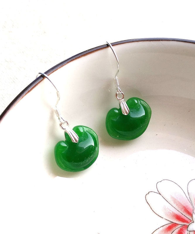 Women Green Sterling Silver Jade Drop Earrings