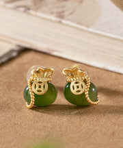 Women Green Sterling Silver Overgild Agate Money Bag Stud Earrings