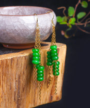 Women Green Sterling Silver Overgild Dry Green Abacus Tassel Drop Earrings