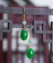 Women Green Sterling Silver Overgild Inlaid Jade Drop Earrings