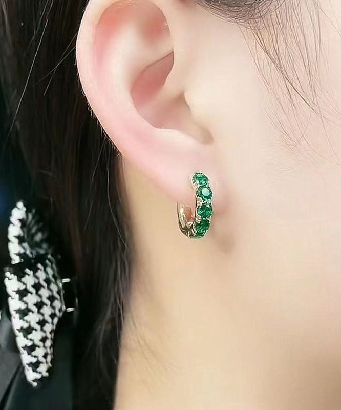 Women Green Sterling Silver Overgild Zircon Hoop Earrings