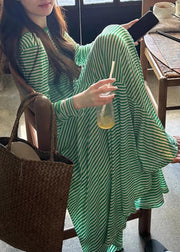 Women Green Striped Backless Cotton T Shirt Dress Long Sleeve