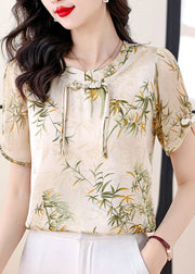 Women Green Tasseled Print Chiffon Blouse Top Summer