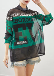 Women Green Turtle Neck Letter Print Tulle Tops Fall