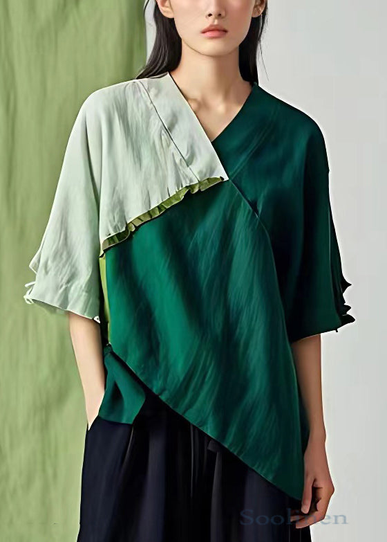 Women Green V Neck Asymmetrical Cotton T Shirt Half Sleeve