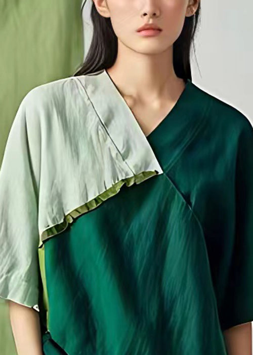 Women Green V Neck Asymmetrical Cotton T Shirt Half Sleeve