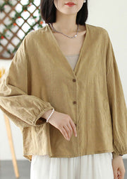 Women Green V Neck Button Coat Long Sleeve