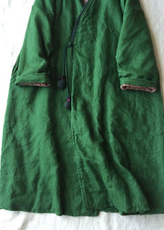 Women Green V Neck Button Cotton Filled Parka Long Coats Winter