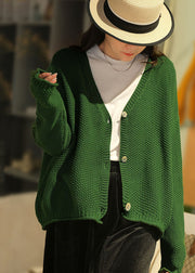 Women Green V Neck Button Knit Loose Cardigans Fall