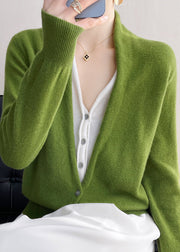 Women Green V Neck Button Patchwork Wool Knit Top Fall