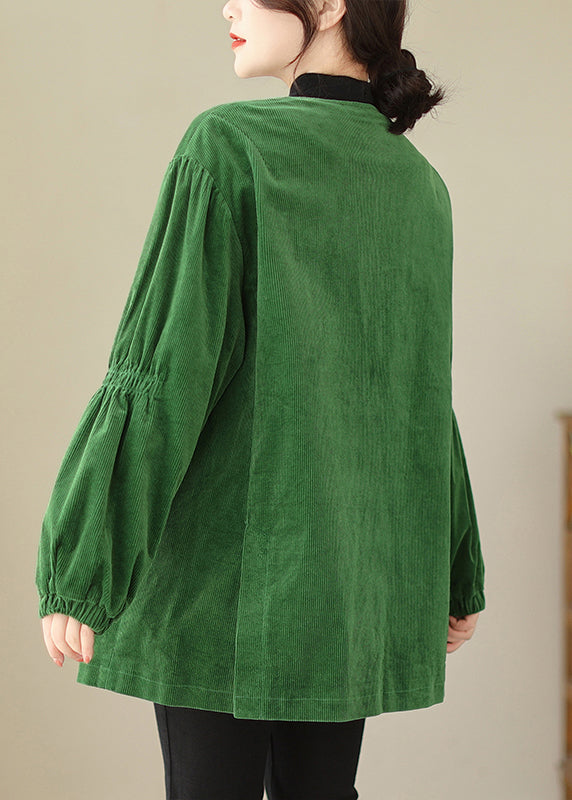 Women Green V Neck Button Pockets Corduroy Coats Fall