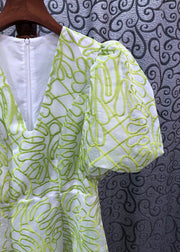 Women Green V Neck Embroidered Cotton Mid Dress Summer