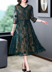 Women Green V Neck Embroidered Patchwork Silk Dress Summer