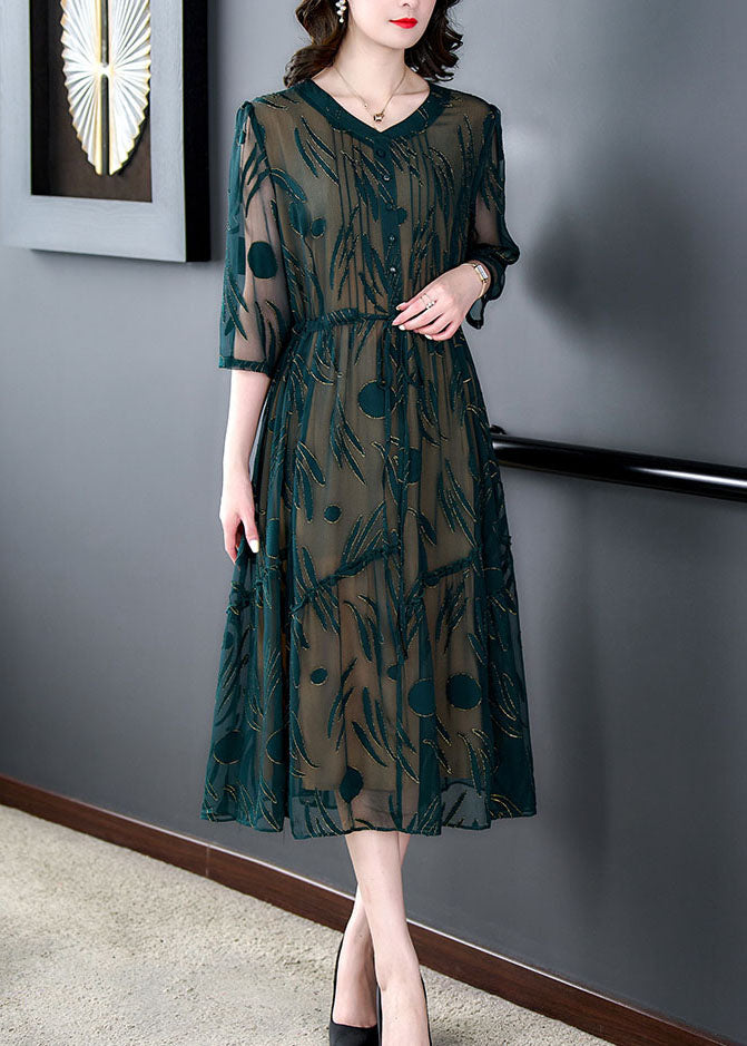 Women Green V Neck Embroideried Patchwork Silk Dress Summer