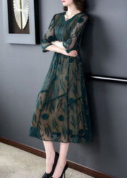 Women Green V Neck Embroidered Patchwork Silk Dress Summer