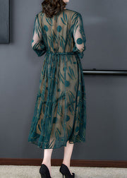 Women Green V Neck Embroidered Patchwork Silk Dress Summer