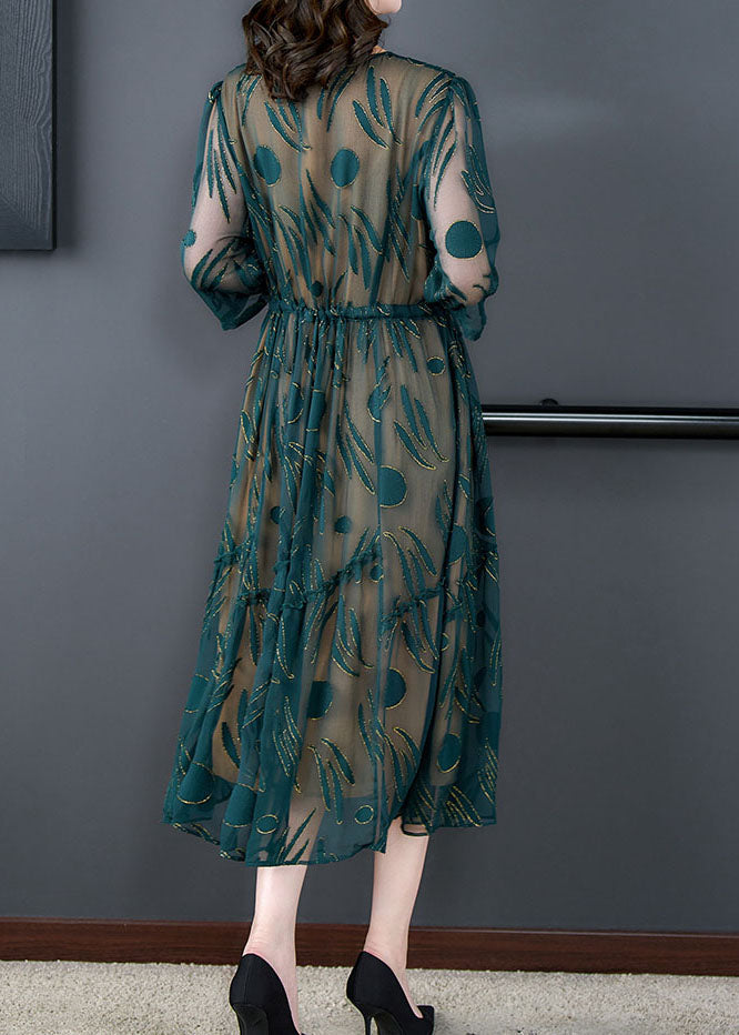 Women Green V Neck Embroideried Patchwork Silk Dress Summer