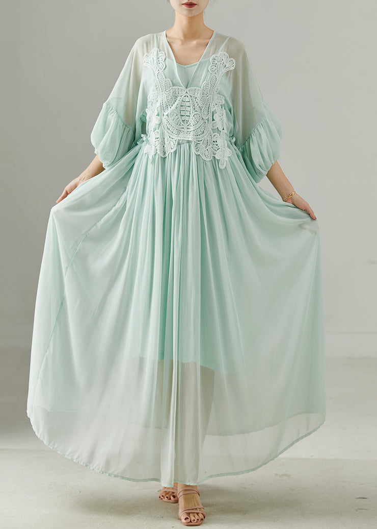 Women Green V Neck Patchwork Chiffon Long Dress Summer